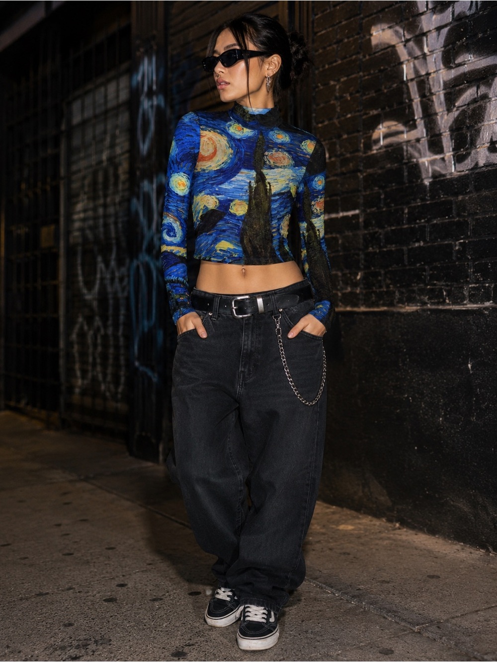 SHEIN Mesh Crop Top Printed With The Starry Night EUC